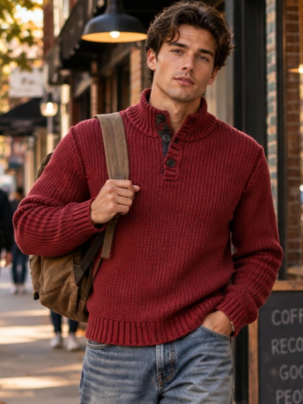 Carbon2Cobalt Men’s M Cranberry Red Cotton Mock Neck Chunky Knit Sweater